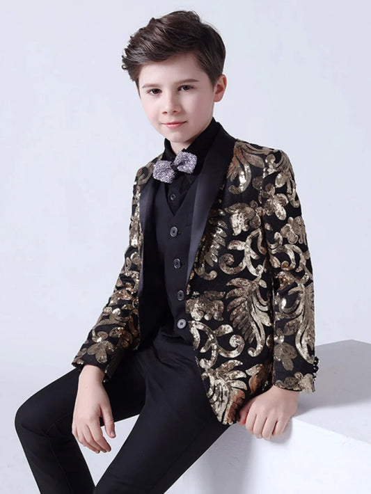 Golden Sequins Kids Suit Set 4 Pieces Wedding Ring Bearer Outfit Luxurious Shawl Lapel Boys Slim Fit Suits For Stage Performance