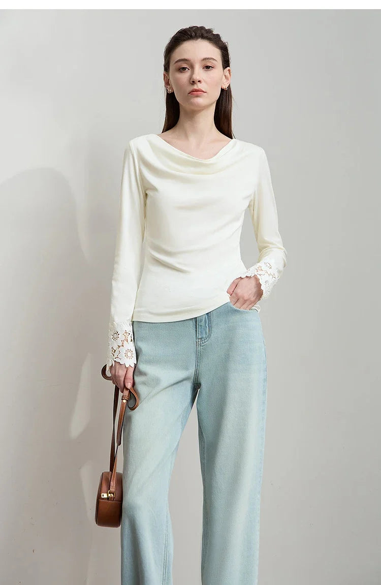 Minimalist Women's Long Sleeve T-Shirt 2025 Autumn Simple Solid Asymmetric Drape Neck Lace Cuffs Tops Casual Tees 12543076
