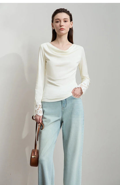 Minimalist Women's Long Sleeve T-Shirt 2025 Autumn Simple Solid Asymmetric Drape Neck Lace Cuffs Tops Casual Tees 12543076
