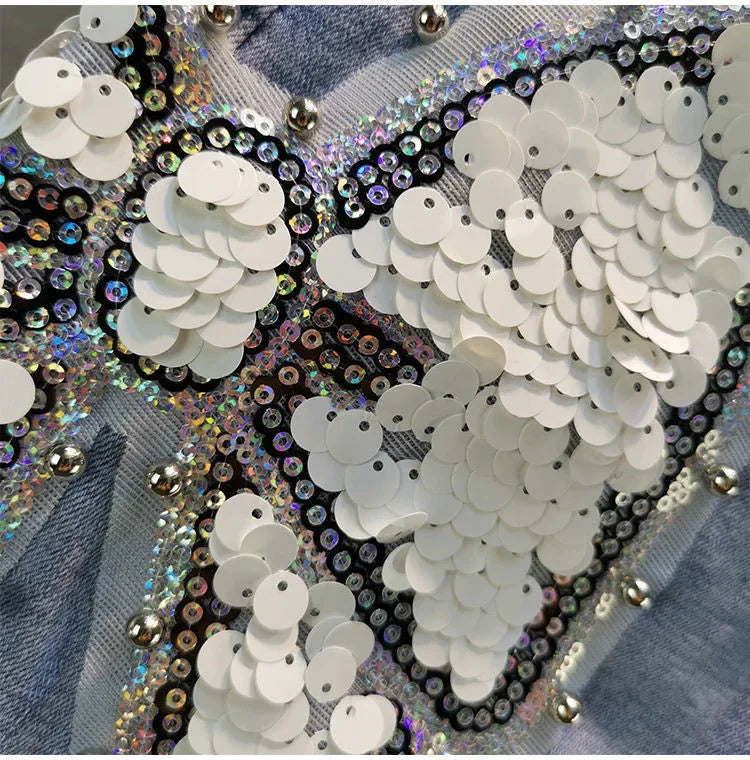Ladies' Beaded and Sequined Denim Cropped Pants, New Summer Style, Raw-edge Straight-cut, Slim-fitting, Versatile Shorts