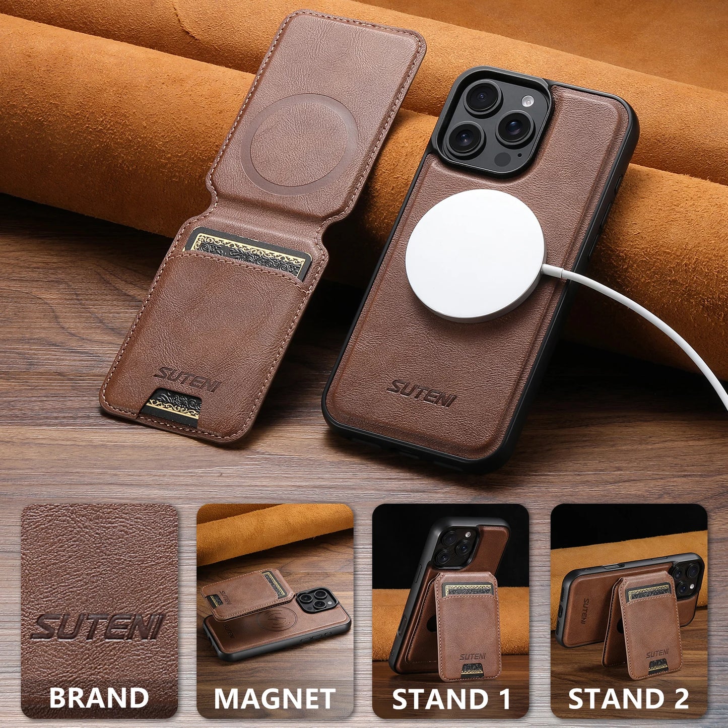 Wireless Charging Magnet PU Leather Phone Case Card Holder Stand For iPhone 17 Pro Max 16 Plus 15 Pro 13 12