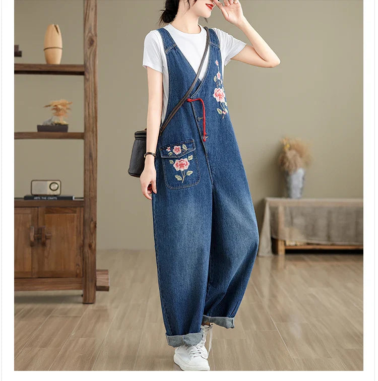 Spring 2025 New Vintage Large Size Loose Embroidered Denim Overalls High Waist Long Pants Women's Faion Casual Jeans
