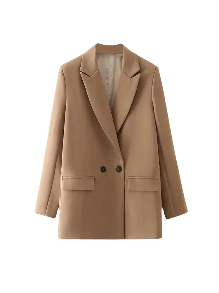 Women Chic Office Lady Double Breasted Blazer Vintage Coat Fashion Notched Collar Long Sleeve Ladies Outerwear Stylish Tops