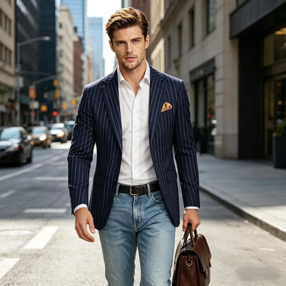 Men's Pinstripe Blazer Jacket Casual Slim Fit Striped Blazer With Patch Pocket For Business Casual Wedding Daily Wear