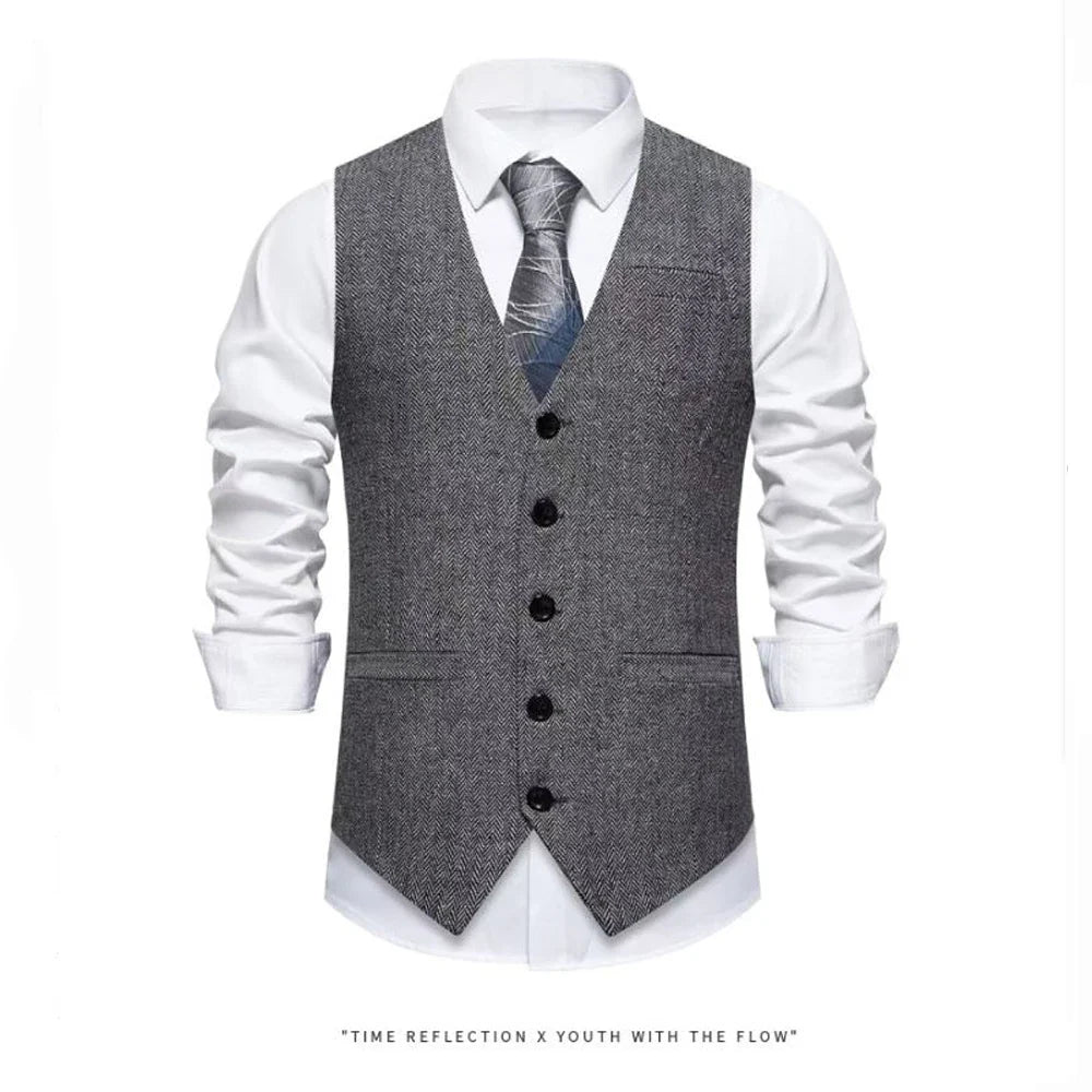 Men's Suit Vest Solid Color European Herringbone Suit Waistcoat Business Casual Working wear Retro Single Breasted Pattern Vest