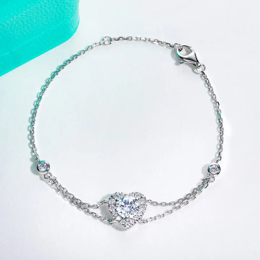 Bracelet Cœur Moissanite 1 carat sur la main, Argent sterling 925, Diamant créé en laboratoire, Bracelets réglables de 17,5 cm pour femme