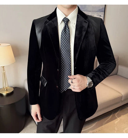 Autumn Winter New Men Mercerized Velvet Slim Fit Suit Coats Fashion Leather Splicing Casual Business Formal Party Tailcoat 4XL-M