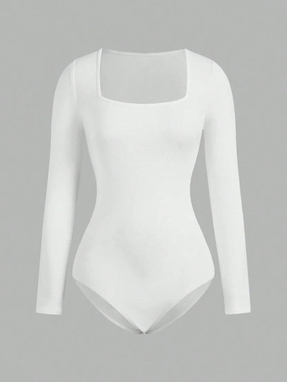 Women's Solid color Square Neck  Open Crotch One-Piece Bodysuit Long Sleeved Body  Lady Streetwear Female Warm Clothing