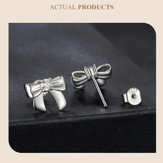 Solid 925 Sterling Silver Bow Moissanite Stud Earrings for Women Teens Small Ribbon Stud Earrings Bowknot MSE085