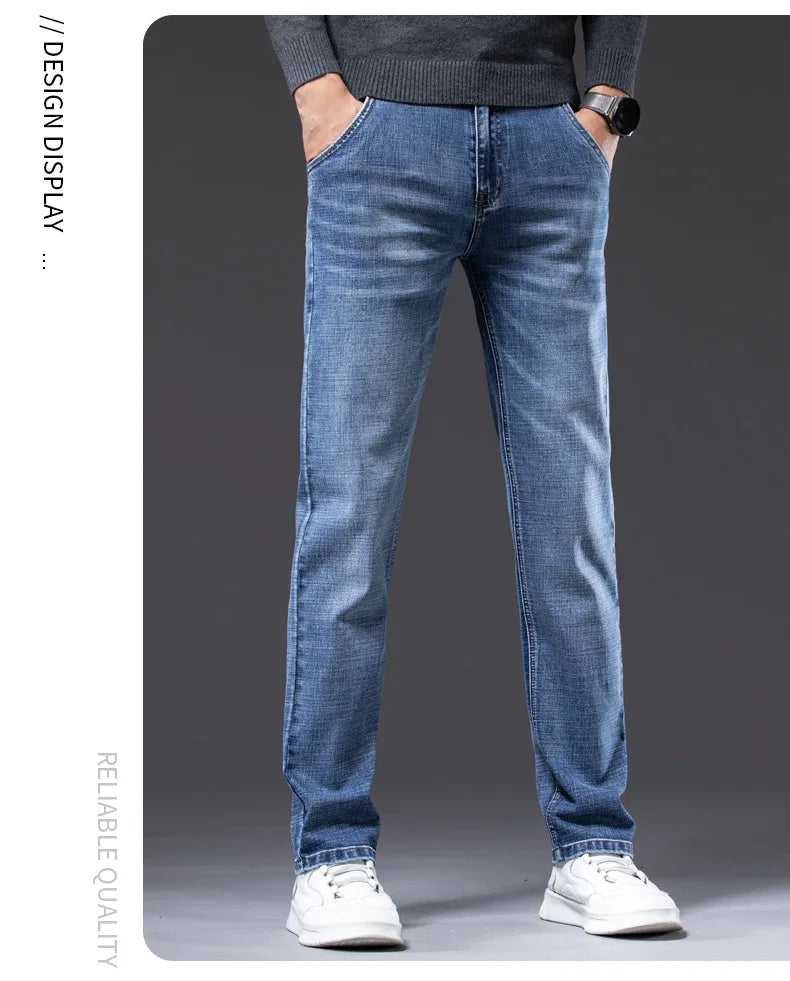 New Men's Slim Straight Elastic Jeans Fashion Business Casual Comfortable Soft Denim Trousers High Quality Mens Designer Clothes
