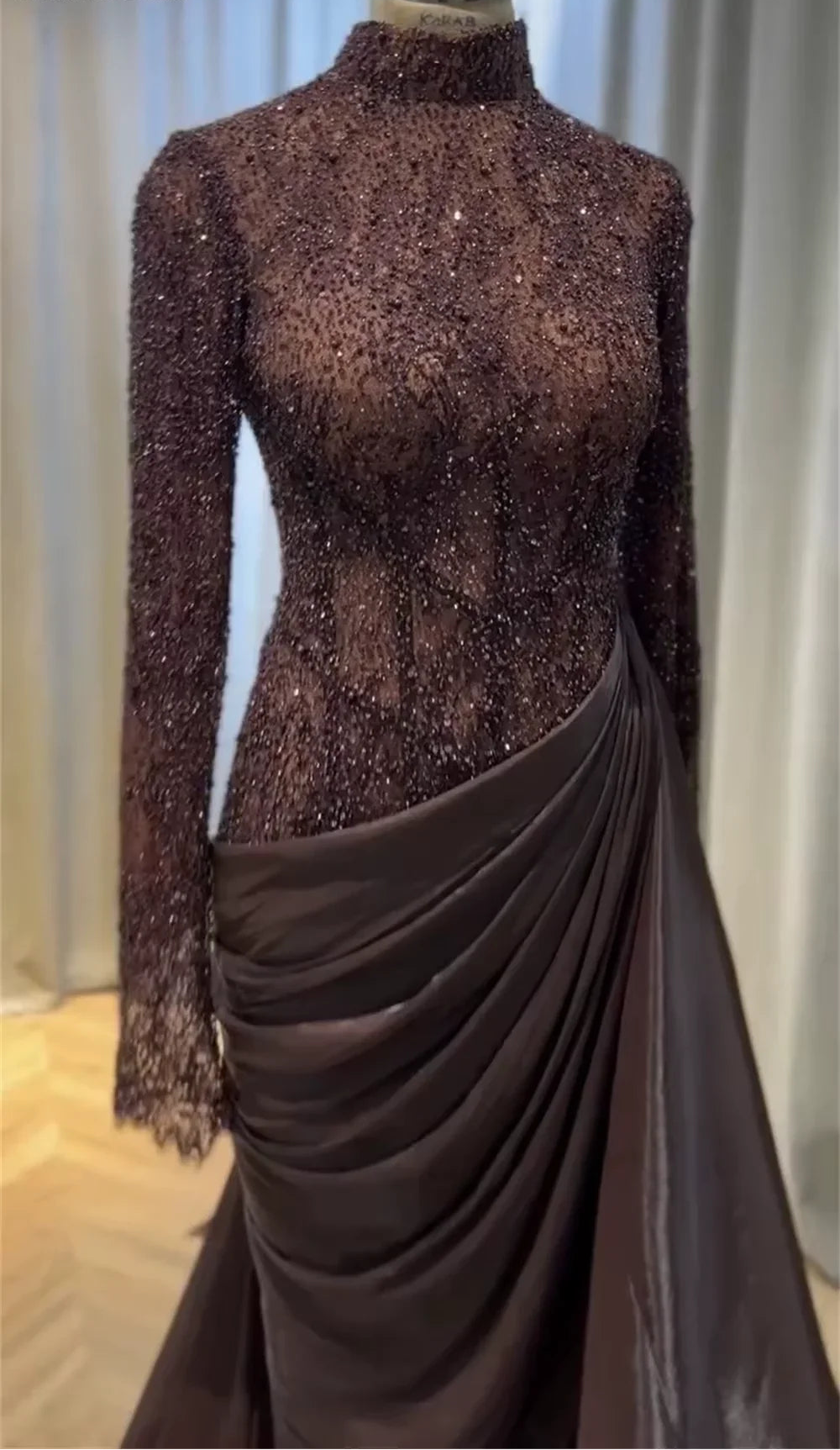 Custom Luxury Dark Chocolate Evening Gown Long Sleeve High Neck Dubai Heavy Beaded Prom Dress Mother of the Bride