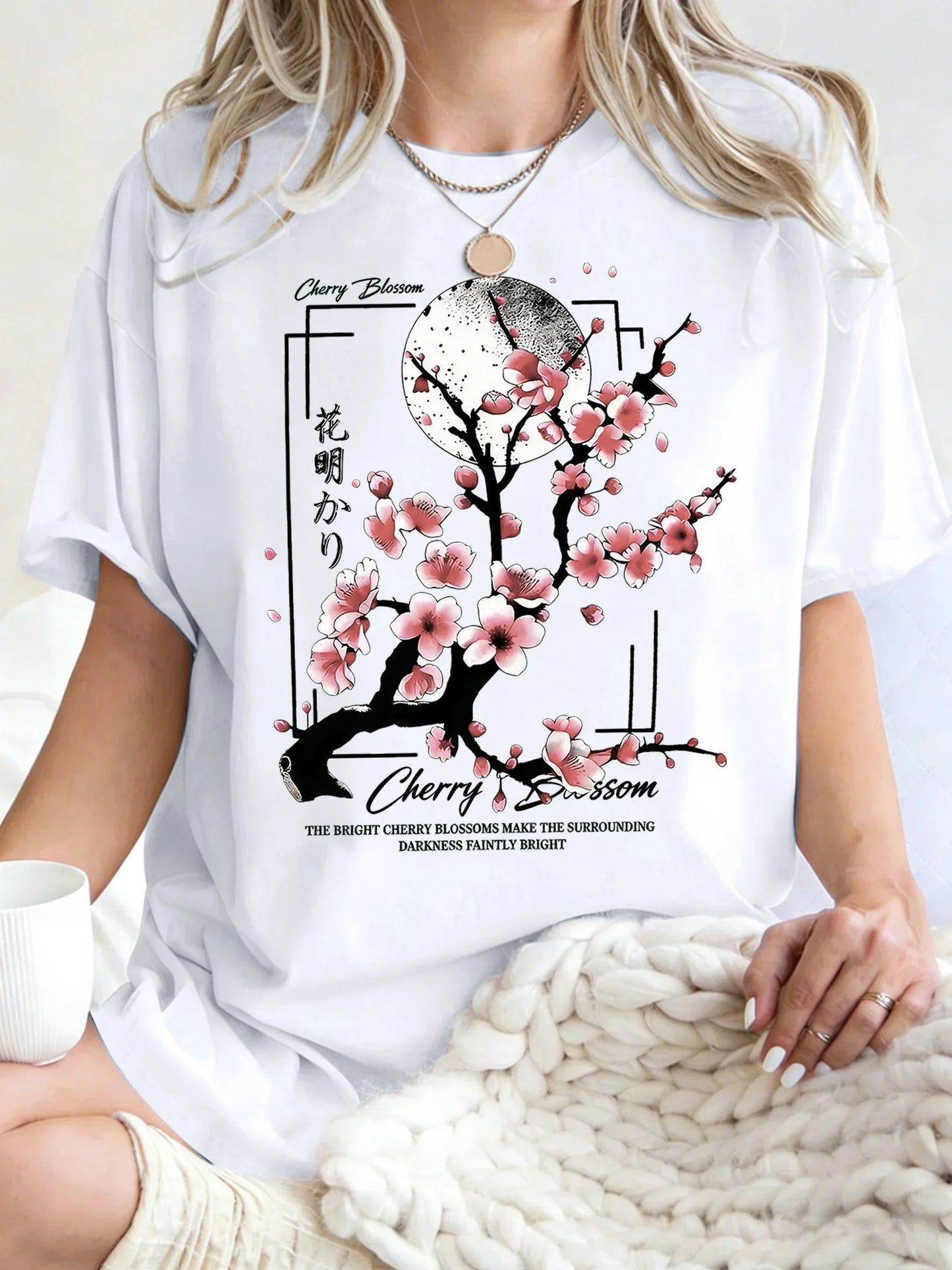 Japanese Cherry Blossom Design Women'S T-Shirt Loose Cotton T Shirts Crewneck Trendy Short Sleeve Y2K Summer Casual Streetwear