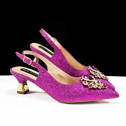 Italian Design Peach Color Pointed Toe Shoe & Bag Set Rhinestone Luxury  Women's High Heels for Parties By QSGFC