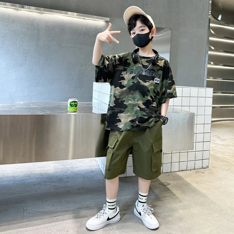 Kids Summer Set Causal Camouflage Sportswear Two Piece Clothing Set for Teenage Boy Short Sleeve T-shirt Shorts Tracksuit Outfit