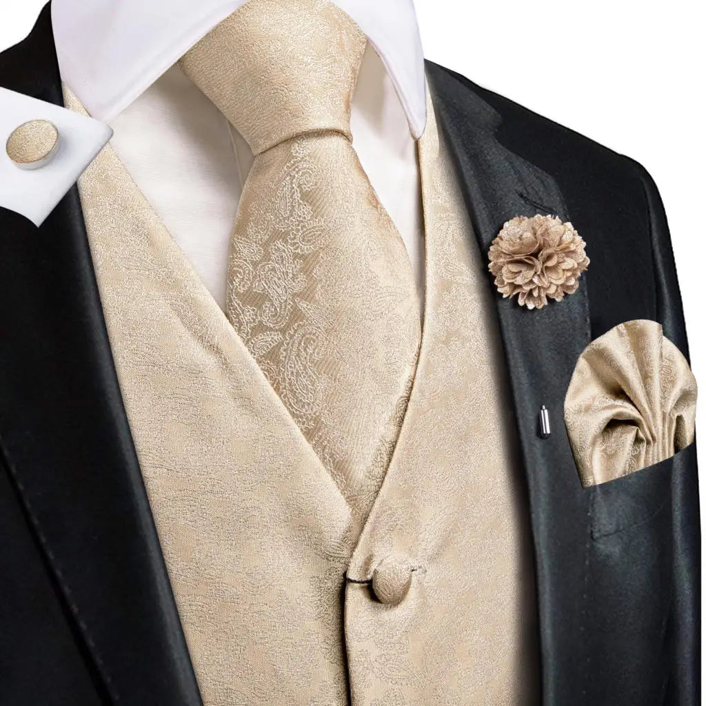 Luxury Mens Vests Black Gold Floral Jacquard Waistcoat Tie Hanky Cufflinks Brooch Set for Men Suit Wedding Office XL