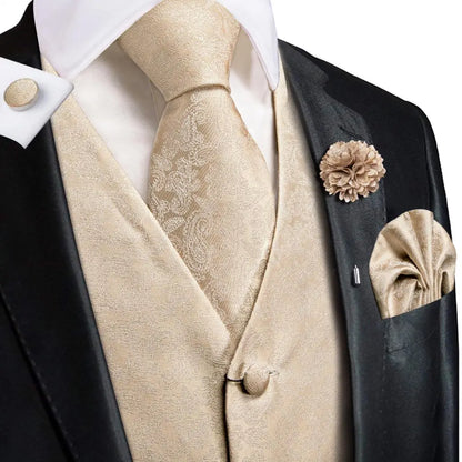 Luxury Mens Vests Black Gold Floral Jacquard Waistcoat Tie Hanky Cufflinks Brooch Set for Men Suit Wedding Office XL