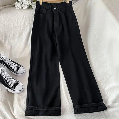 plus Size Women's Straight Leg Jeans High Waist Loose Fit Spring New Sle Slimming Wide Leg Student Long Trousers Trendy