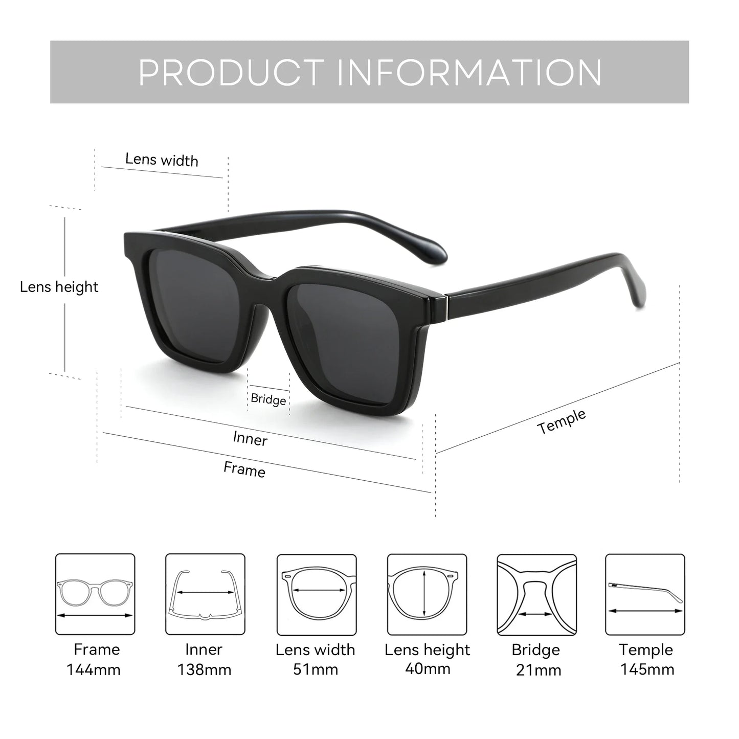 (XL Size) Fashion Urltra-Light TR90 Sun Glasses with Magnetic Clip On Polarized Sunglasses Square for Women Men