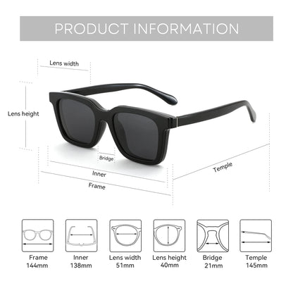 (XL Size) Fashion Urltra-Light TR90 Sun Glasses with Magnetic Clip On Polarized Sunglasses Square for Women Men