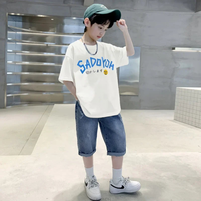 Summer Boys Clothes Set Tshirts + Denim Shorts 2PCS Sport Suit For Teenage Child Clothing Tracksuit Kids Short Sleeve Outerwear