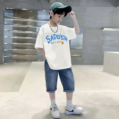 Summer Boys Clothes Set Tshirts + Denim Shorts 2PCS Sport Suit For Teenage Child Clothing Tracksuit Kids Short Sleeve Outerwear