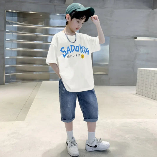 Summer Boys Clothes Set Tshirts + Denim Shorts 2PCS Sport Suit For Teenage Child Clothing Tracksuit Kids Short Sleeve Outerwear
