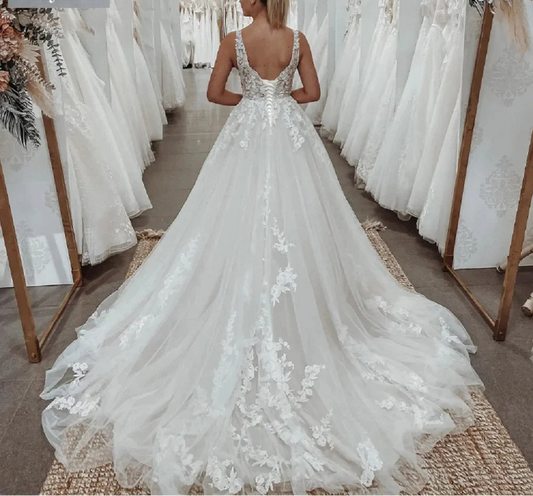 2025 Bride Backless V-neck Sleeveless A-line Appliques Charming A-line Stylish Wedding Dress For Woman