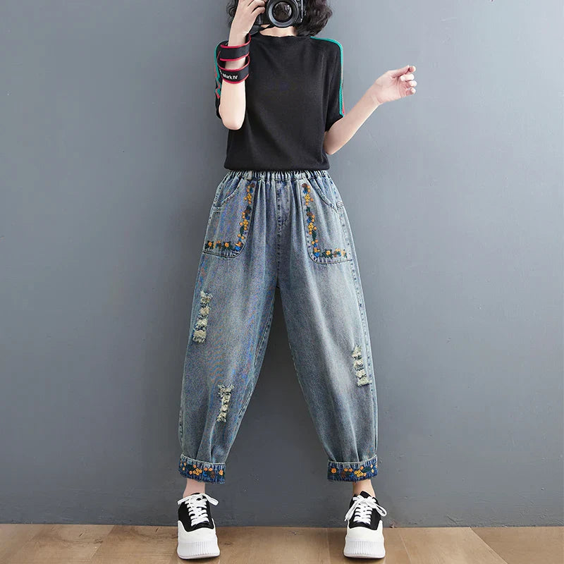 Summer New Sle Artistic Retro Embroidered Hole Denim Jeans Women's Slimming Versatile Elastic Waist Loose Harlan Dad Pants