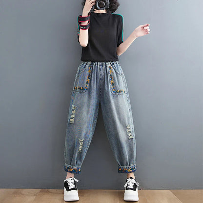 Summer New Sle Artistic Retro Embroidered Hole Denim Jeans Women's Slimming Versatile Elastic Waist Loose Harlan Dad Pants