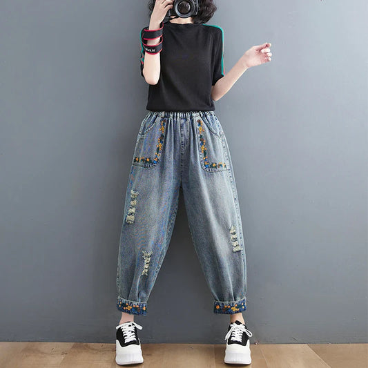 Summer New Sle Artistic Retro Embroidered Hole Denim Jeans Women's Slimming Versatile Elastic Waist Loose Harlan Dad Pants