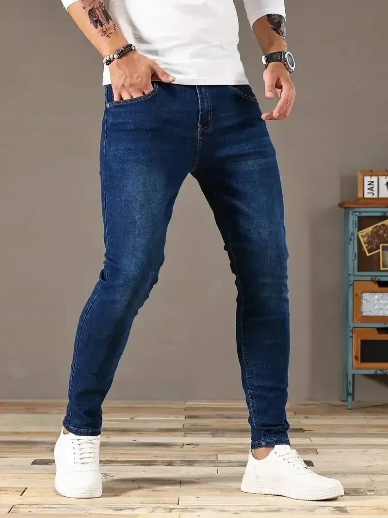 Men Jeans Stretch Skinny Denim Pants Solid Color Black Blue Spring Luxury Street Harajuku Hip-Hop Style Slim Fit Trousers Brand