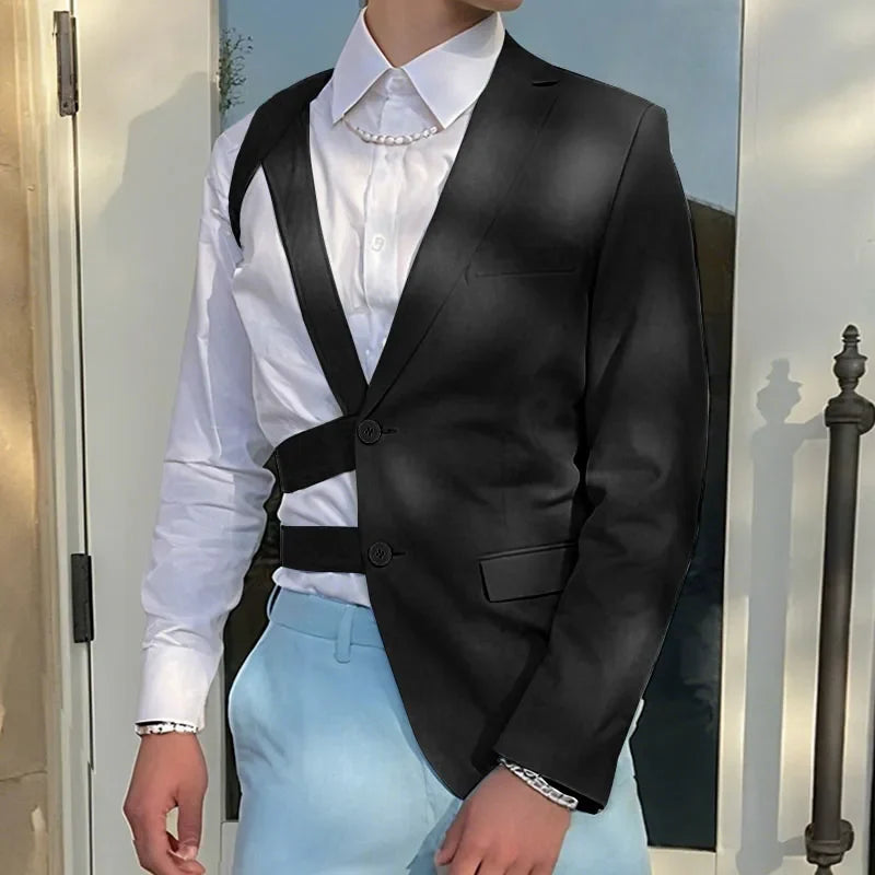 Men Irregular Blazer Lapel One-shoulder Long Sleeve Button Hollow Out Casual Suit Men Streetwear 2025 Fashion Thin Coats