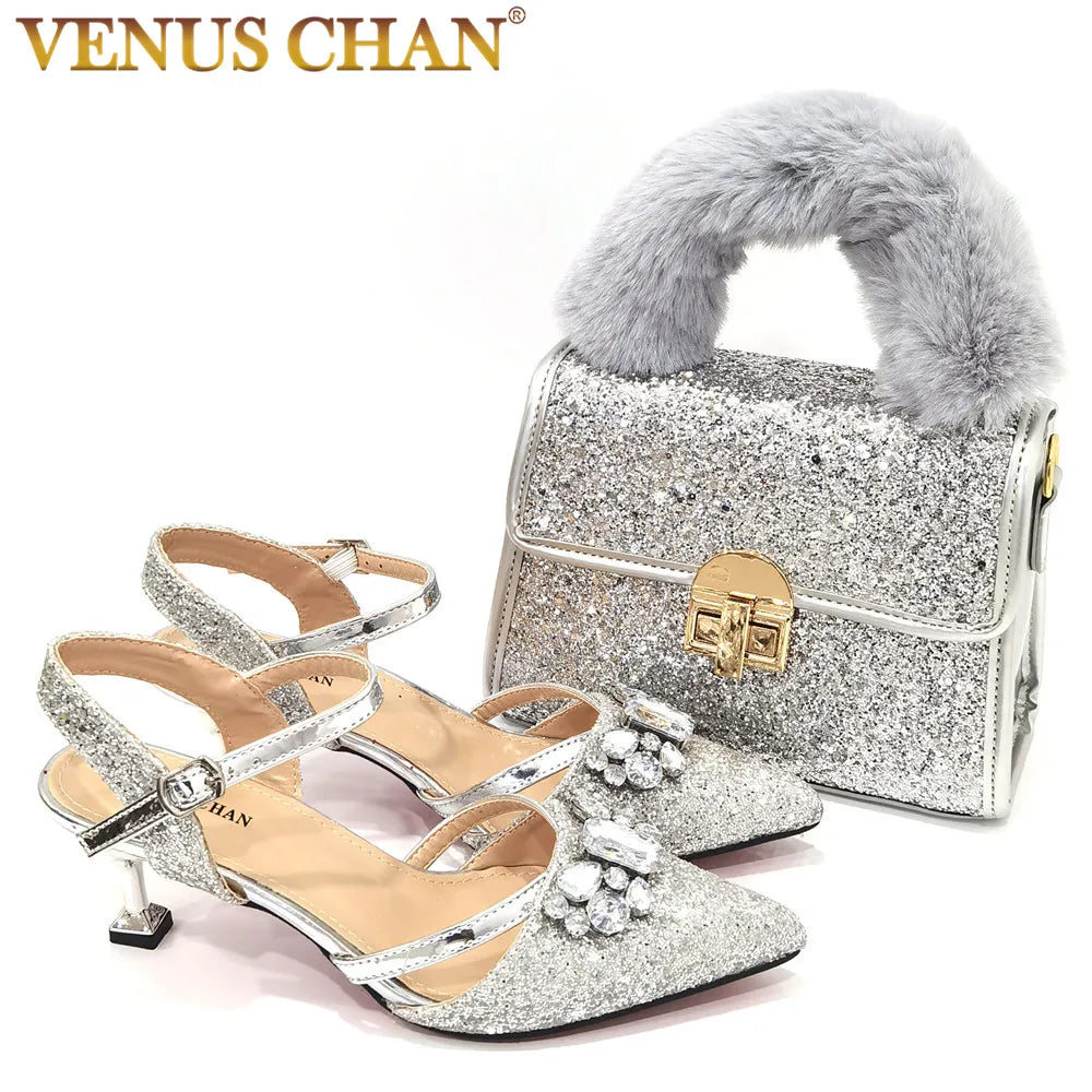 2022 Nigerian Fashionable Silver Color Peep Toe Shoes Matching Bag Set For Royal Ladies Wedding Party Sandal
