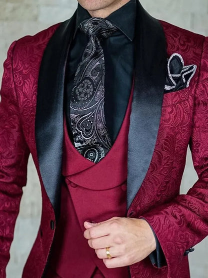 Hot Selling Men Suits Pattern and Black Groom Tuxedos Shawl Satin Lapel Groomsmen Wedding Best Man ( Jacket+Pants+Vest+Tie) C691
