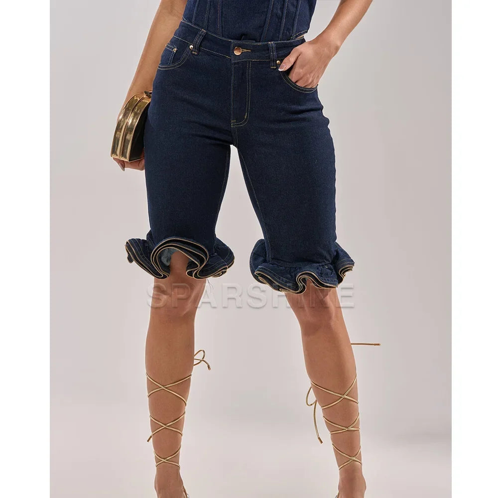 Casual High Waist Denim Shorts Women Fashion Ripped Wave Ruffle Hem Slim Fit Jeans Shorts Streetwear Trendy Slimming Shorts