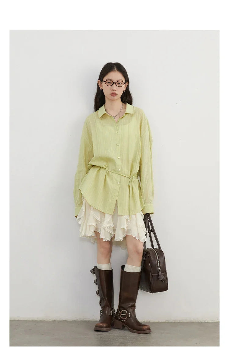 Women Shirt Textured Cotton Striped Waist Shirt Long Sleeves Female Sun Protection Blouses  Spring  Summer 2026