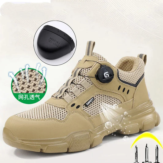 Summer Safety Breathable Shoes Men Anti-smash Anti puncture Work Sneakers Steel toe shoes Rotating button Protection Shoes