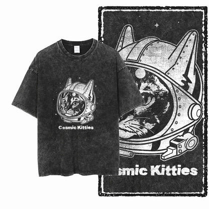 Cat Printed Cotton Acid Washed Exclusive Graphic Unisex T Shirt Cool Streetwear Men Tshirts Big Size Tee for Men