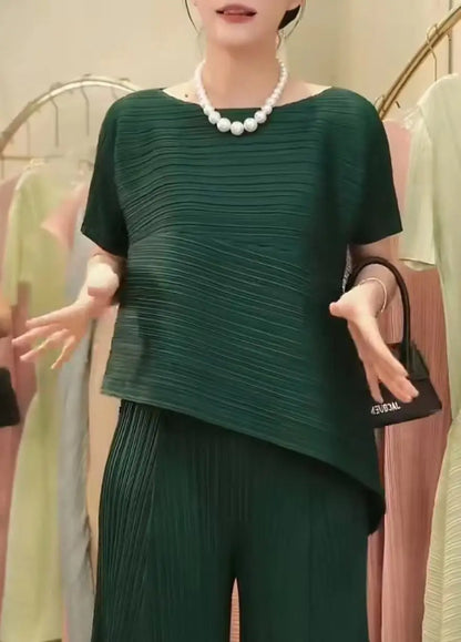 Miyake Irregular Short Sleeve Pleated Top Simple Loose Plus Size with Stretch T-Shirt Vacation Office Clothing Polyester Crepe