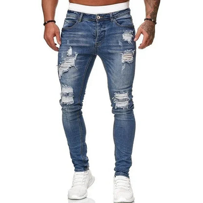 Ripped Men Jeans Denim Pant Mid Waist Slim Fit  Vintage Denim Wash Punk Style Skinny Pencil Pants Distressed Holes Ankle Length