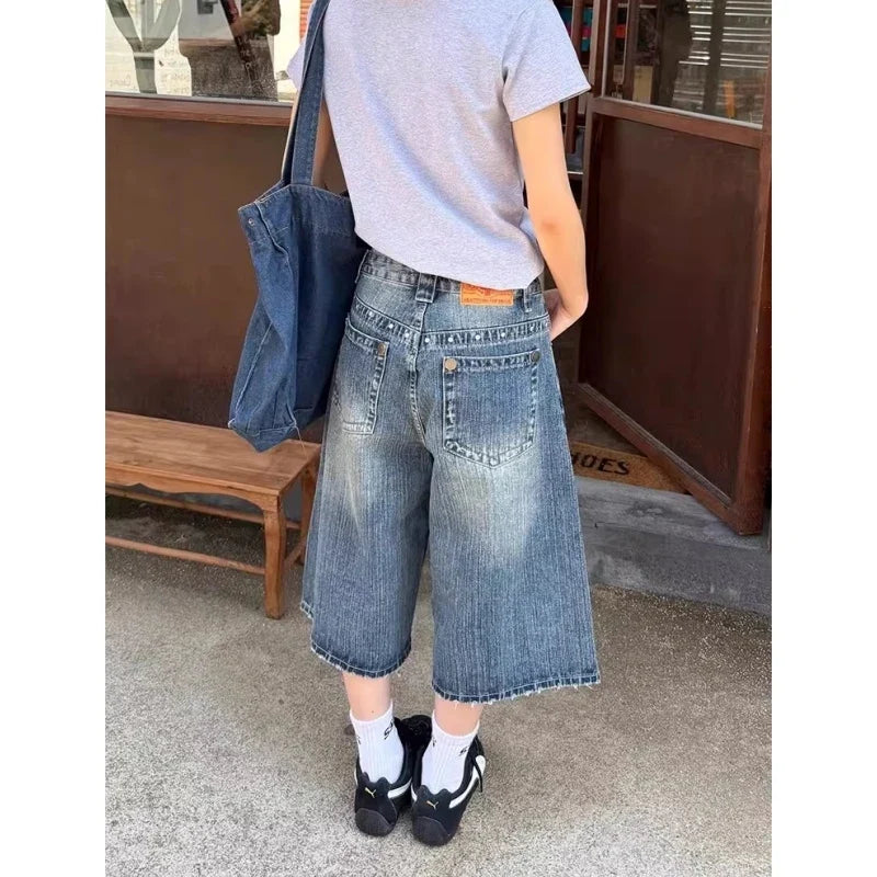 Women's Y2K American Retro Bamboo Denim Capri Pants Summer 2026 Washed Versatile Loose Wide Leg Mid-Length Trendy Trousers
