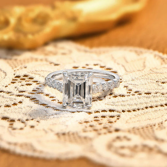 Bagues de luxe en moissanite taille émeraude pour femmes, en argent S925, solitaires de fiançailles 4 carats avec accents pavés, bijoux de mariée