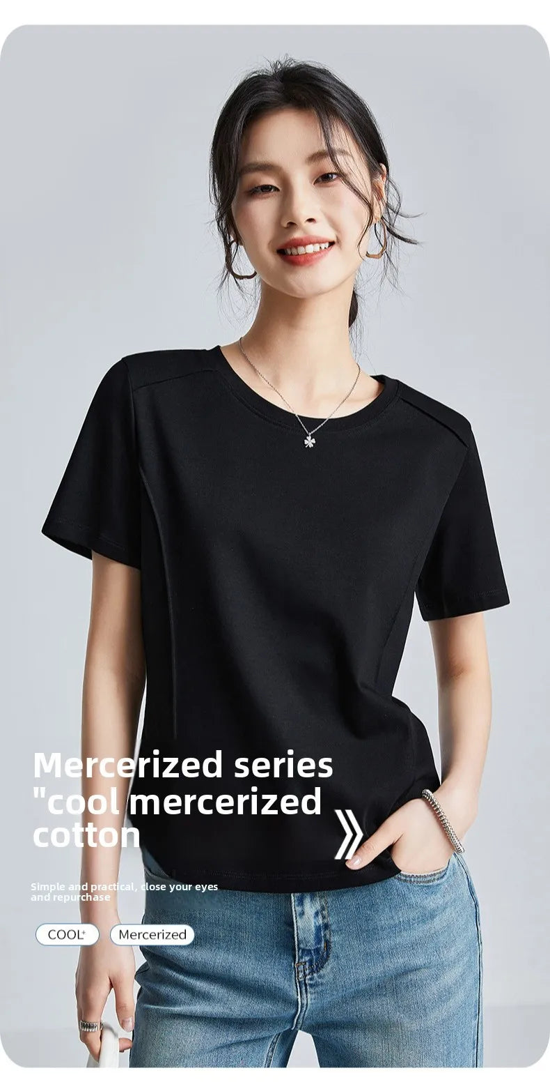 Summer Women's White Mercerized Cotton T-Shirt | 3D Stitching Round Neck Basic Top | Plus Size Slim Fit Layered Casual Blouse