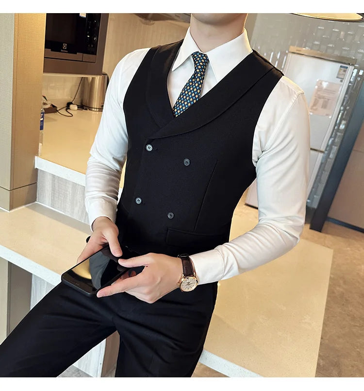 ( Vest + Pants) Men's Double-breasted Suit Vest 2 Pieces Set High Quality Business Casual Fashion Groom Wedding Dress Vest Sets