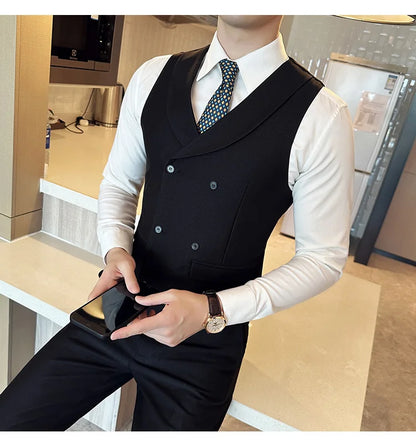 ( Vest + Pants) Men's Double-breasted Suit Vest 2 Pieces Set High Quality Business Casual Fashion Groom Wedding Dress Vest Sets