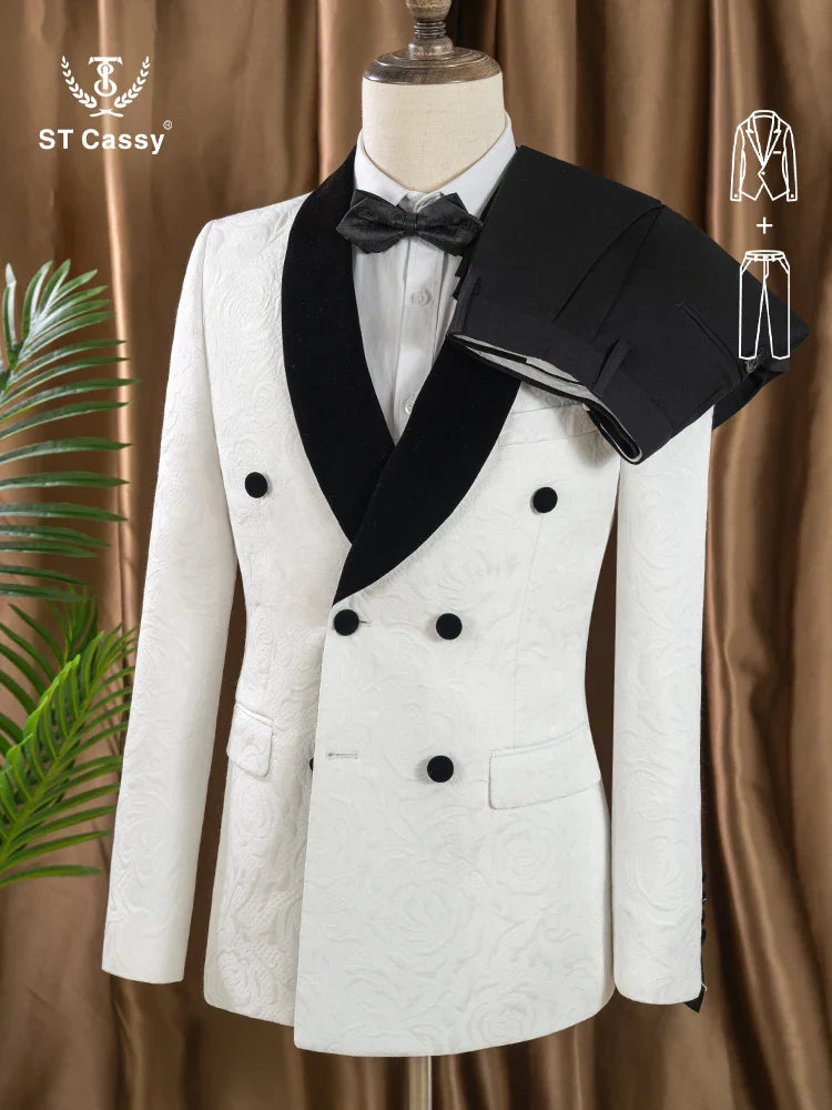 Double-Breasted Groom's Wedding 2 Piece Set White Party Outfit for Man Slim Fit Tasdo Shawl Collar Evening Gown Dinner Suit