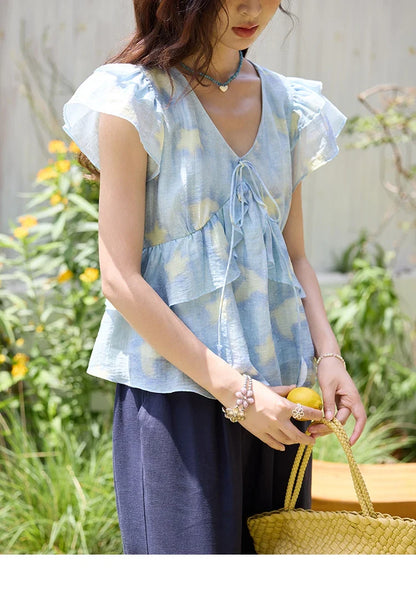 Blue Double-layer Ruffled Linen V-neck Blouse for Women Summer 2025 Slim Flying Sleeve Breathable Lace-up Tops MXE33X1819