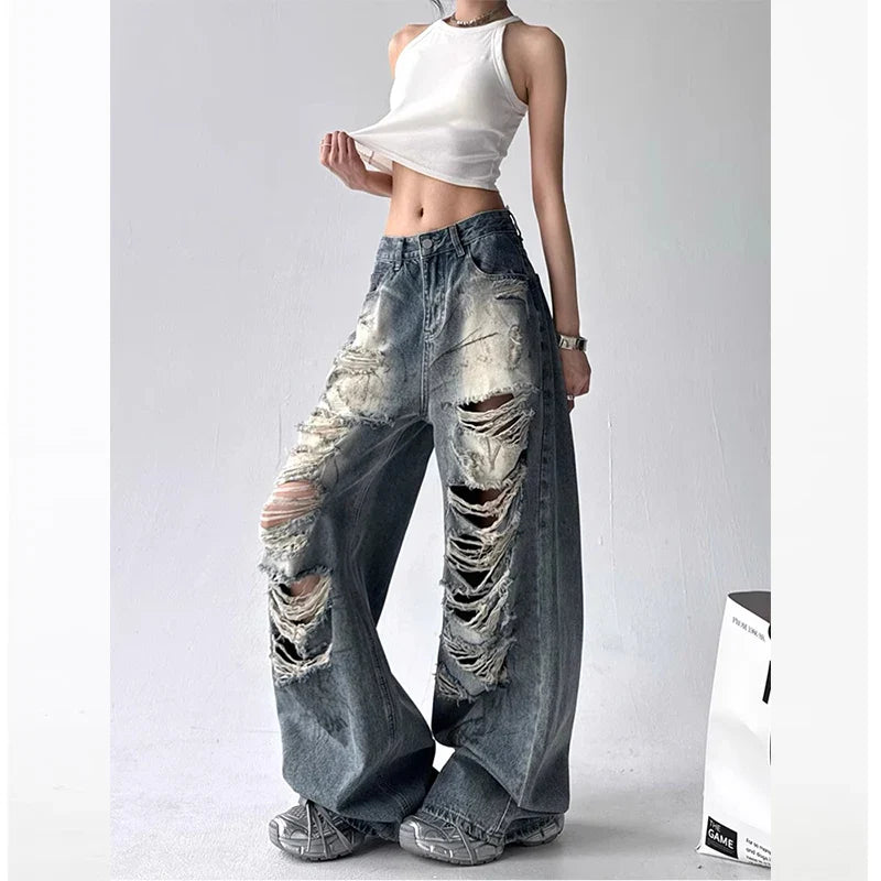 American Sle Trendy Girl Destroyed Denim Jeans Women Loose Wide Leg Straight Cut Floor-Length Pants High Waist Casual Jeans