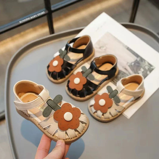 Children's Shoes Girls Sandals Beauty Large Flower Summer New Closed Toe Fashion Soft Bottom Kids Baby Girl Beach Shoes I04254