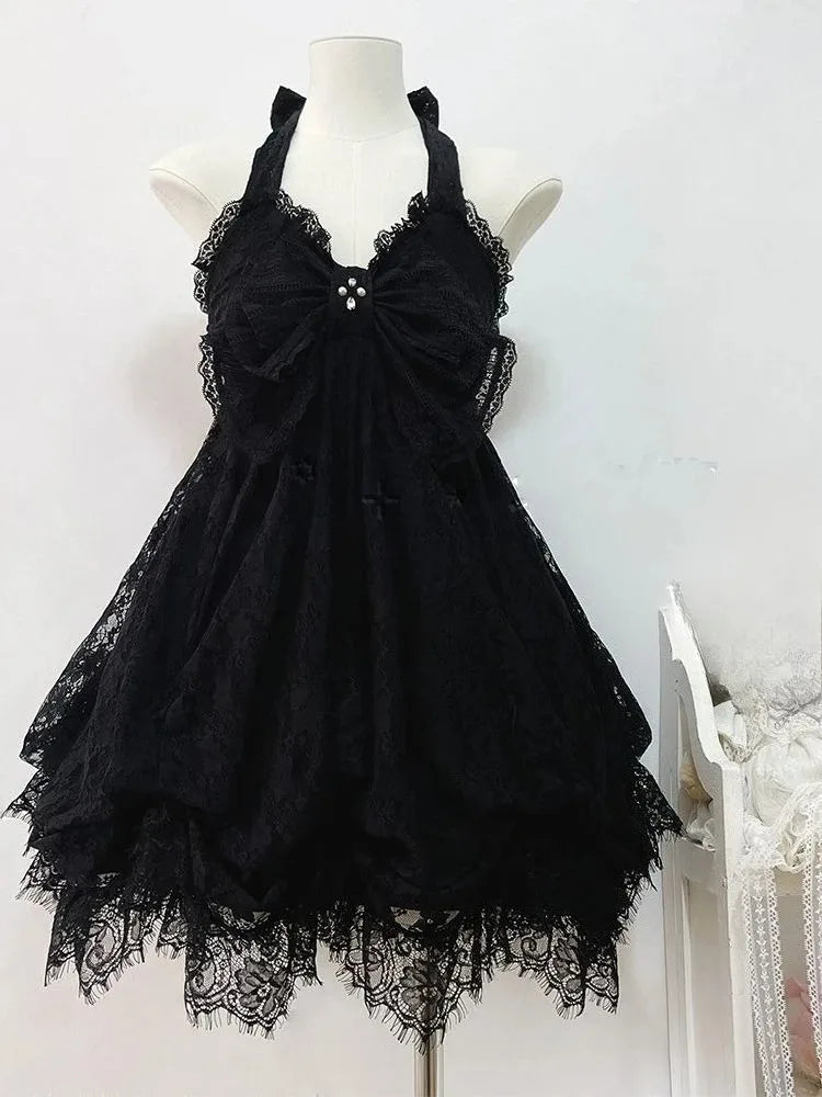 French Style Sweet Cute Polka Dot Splicing Dress Lace Bow Korean Fashion Dresses New Design Slim Waist Lady Y2k Mini Dress